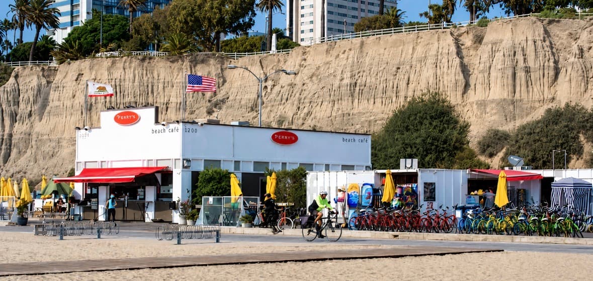 Perry's Beach Café on the Santa Monica boardwalk beneath the Palisades bluffs