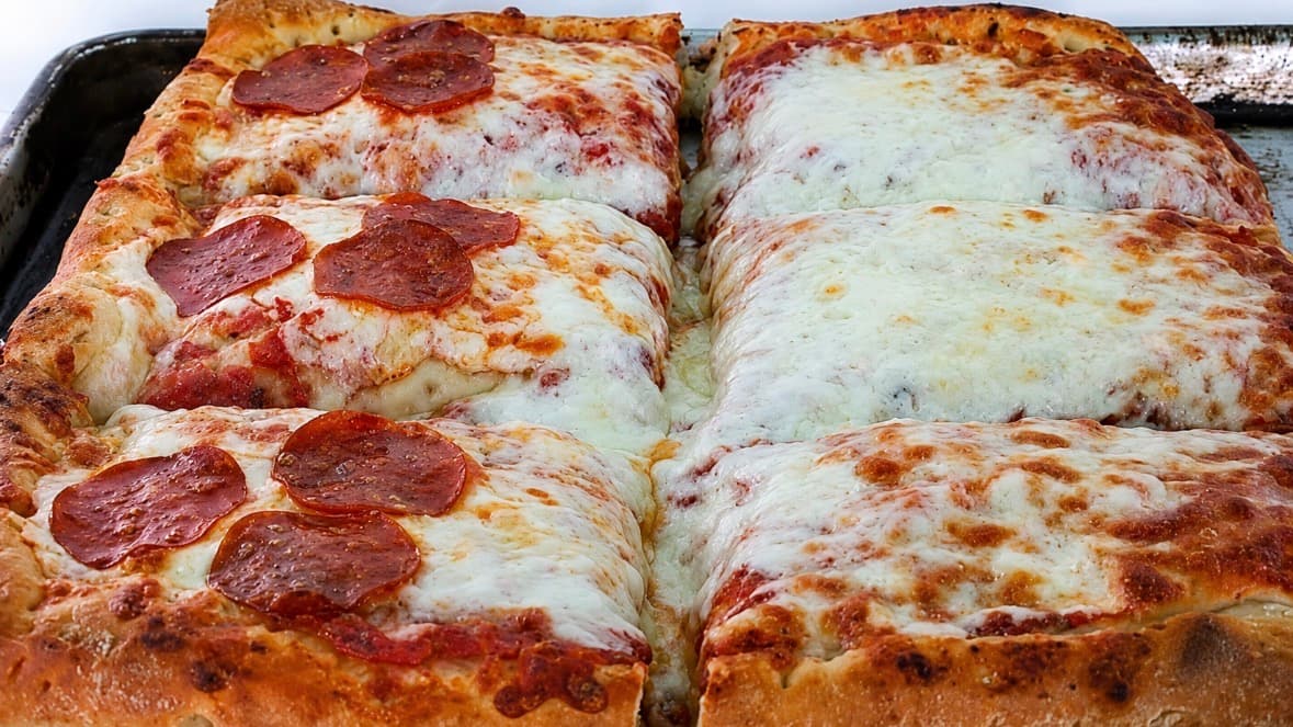 House pepperoni and cheese pizza, fresh from the oven